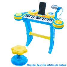 TECLADO MUSICAL INFANTIL COM MICROFONE BANQUINHO LUZ E SOM | Azul | Unico - MC18059-A